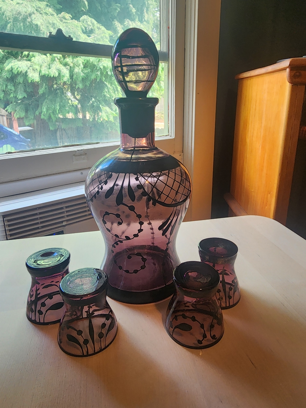 Venetian Murano Hand-Painted Purple Hand Blown Glass Decanter Set